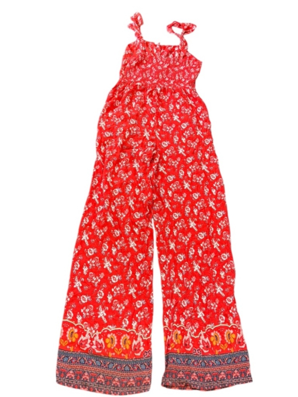 Xhilaration Red Floral Wide Leg Jumpsuit Rayon Size S Boho Summer‎ Resort wear